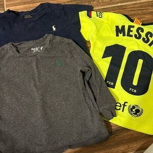 One Ralph Lauren long sleeve. 1 blue short sleeve Ralph Lauren. Messi jersey
